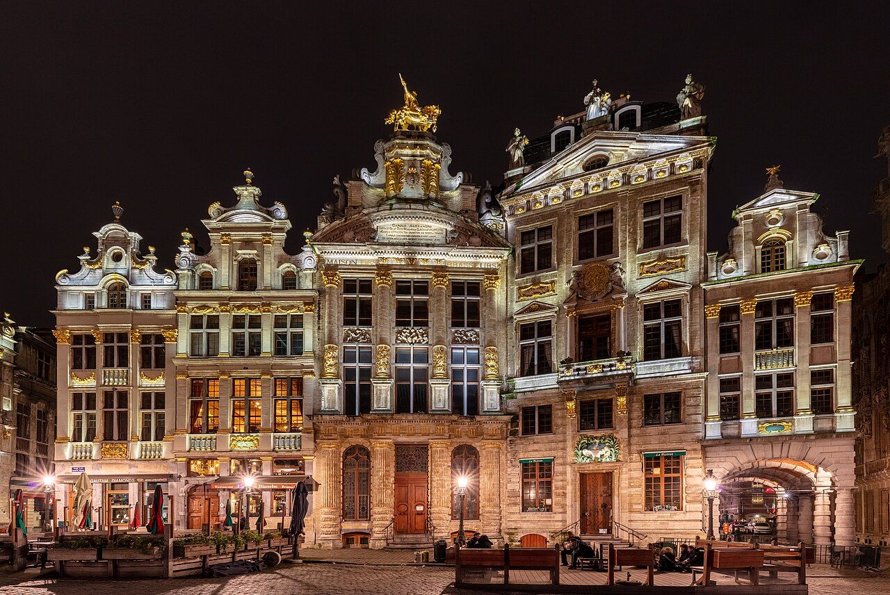 Night view of some of the buildings in Grand-Place, central square of Brussels, Belgium. From left to right: Maison du M