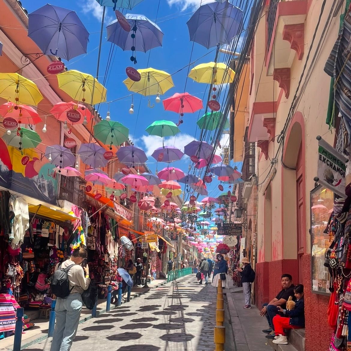Umbrellas over a street in La Paz, photographed by Si and Beth