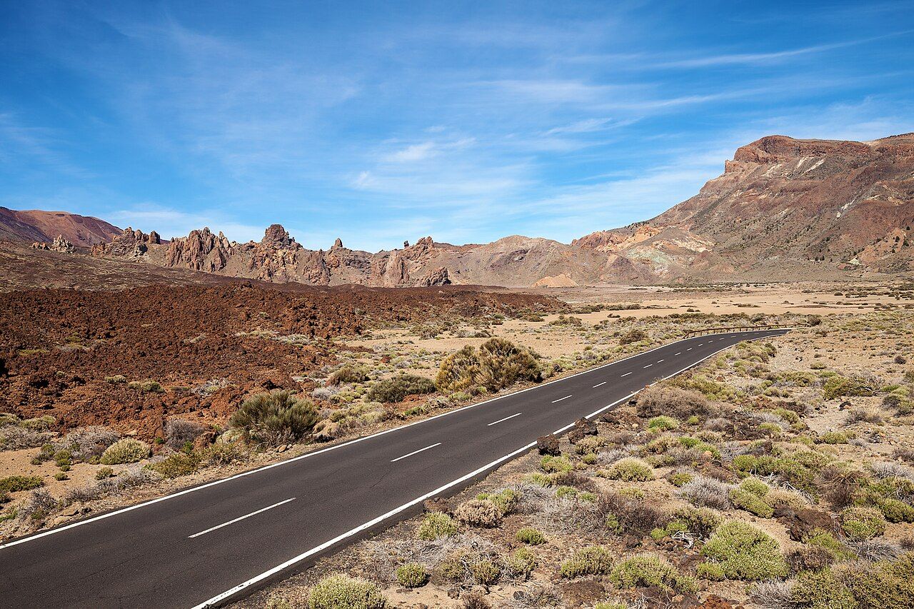Part of the Caldera Las Cañadas (left) and TF-21 (foreground) near Roques de García in Tenerife, Spain