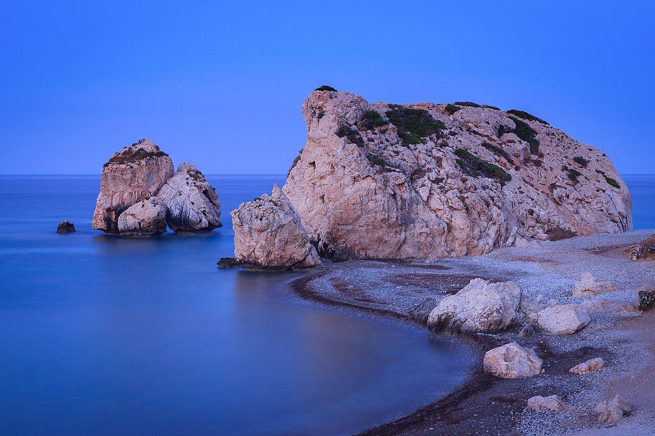 Petra tou Romiou (Aphrodite's rock). Blue hour before sunrize at long exposure, Cyprus