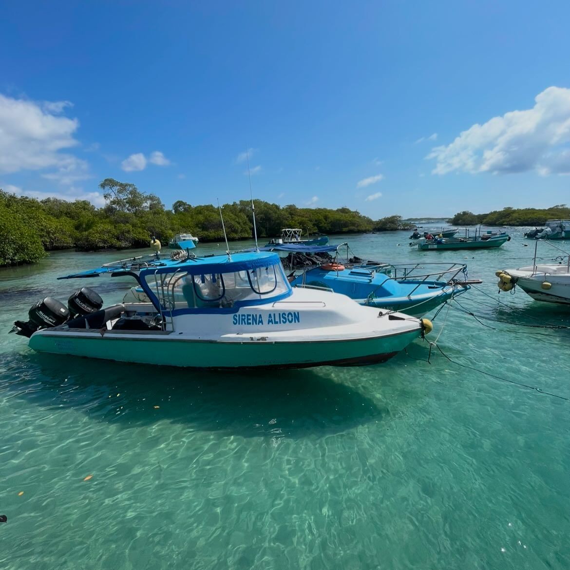 Boats in a Galápagos bay, photographed by Si and Beth