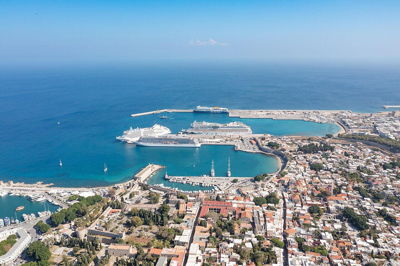 Aerial view of the Tourist Harbor near Rhodes Old Town in Rhodes (city) on Rhodes island