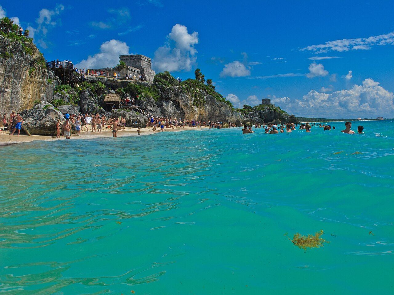 Mayan ruins viewed from the sea, Tulum, Yucatan, Mexico.