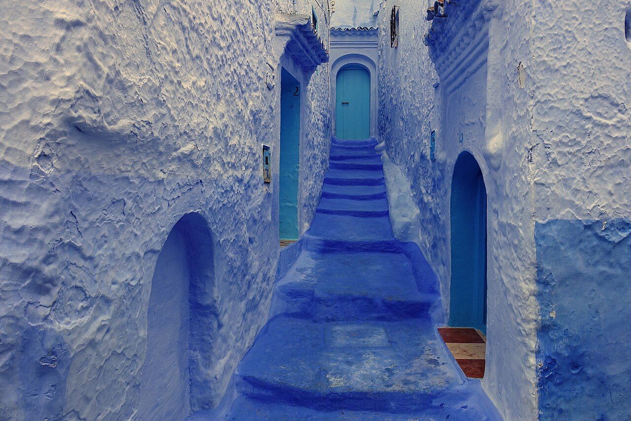 Street and typical houses in Chefchaouen, the blue city of Morocco.