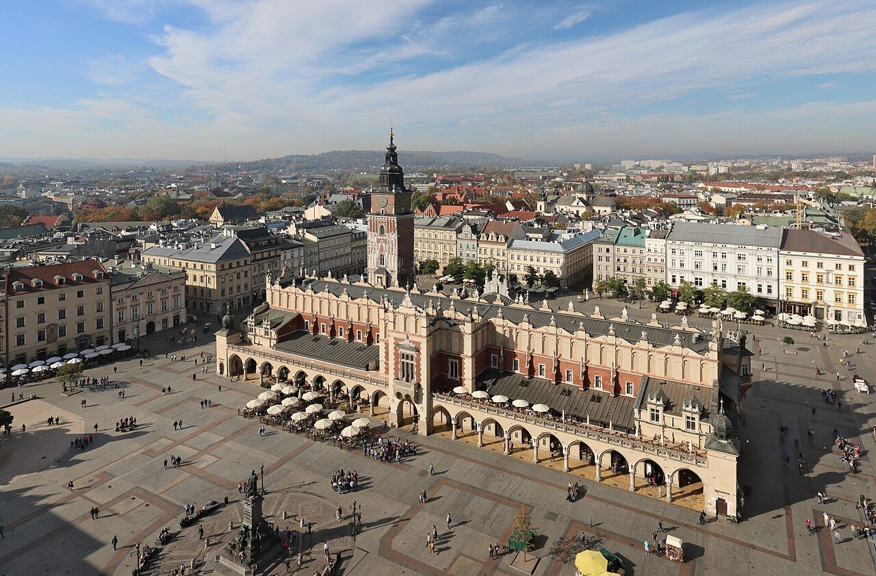 Krakow / Rynek: Cloth Hall and Town Hall Tower from tower of St. Mary Basilica