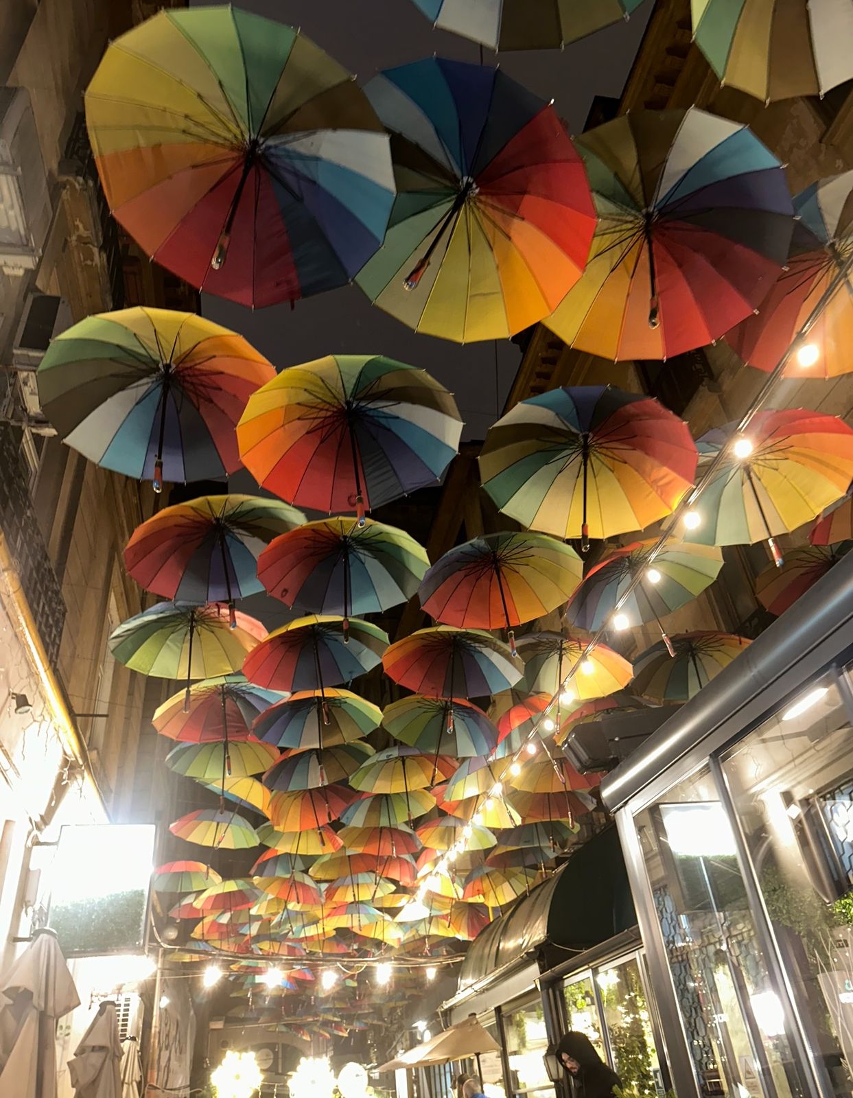 An umbrella-covered street in Bucharest, photographed by Beth