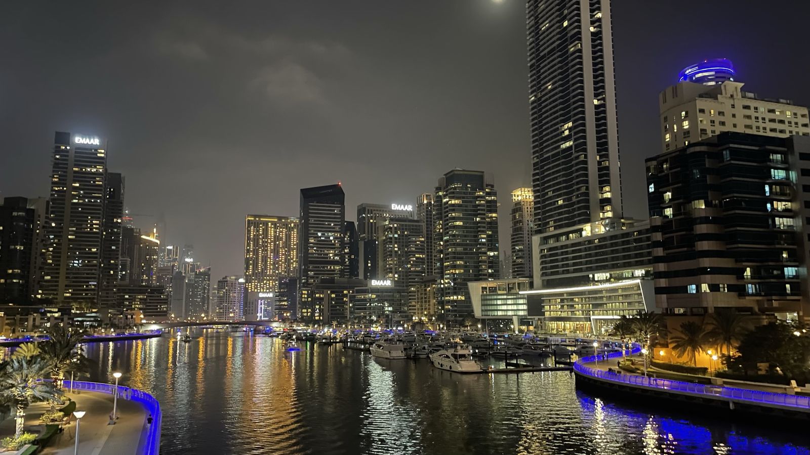 The Marina canal at night, photographed by Si and Beth