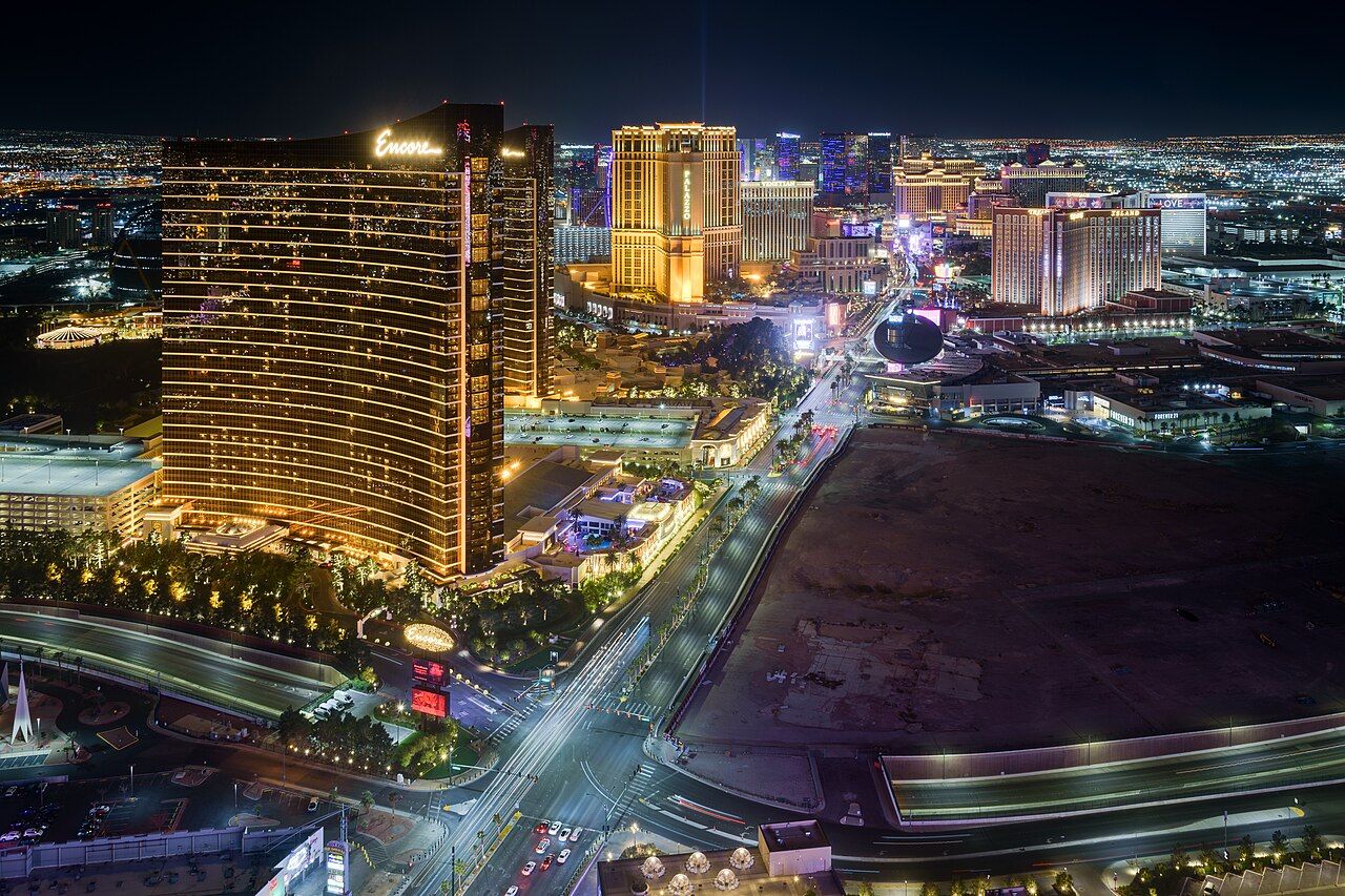 HDR of 3 exposures (+2 to -2), skyline of Las Vegas Strip, Las Vegas, Nevada, from Allē Lounge on 66, Resorts World Las 
