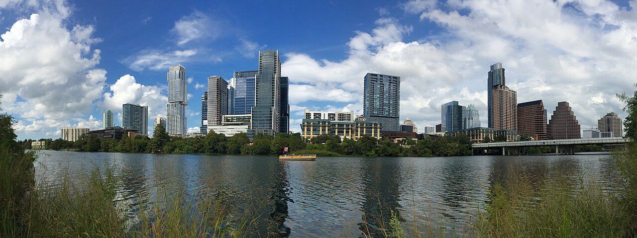 The skyline of Downtown Austin, Texas seen from Auditorium Shores in October 2018.